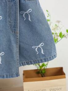 2 件/套女孩休闲蝴蝶印花牛仔 T 恤和牛仔短裙，带刺绣蝴蝶装饰 - 白色 - 查看 7