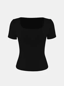 XLLAIS 2025 Summer Square Neck Short Sleeve Basic Black Top, High Stretch Double-Layer Slim Fit T-Shirt, New Year