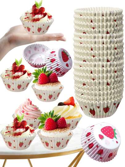 100 piezas/200 piezas Capacillos de papel con diseño de fresa, capacillos de papel antigrasa para cupcakes, adecuado para fiestas de cumpleaños y celebraciones, artículos esenciales para hornear y decorar
