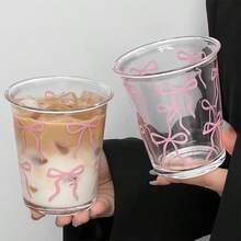 1/2pcs Ribbon Glass Cup, Pink Bowknot Iced Coffee Cup, 11oz Elegant & Cute Drinking Cup, Suitable For Women, Girlish And Sister Gathering