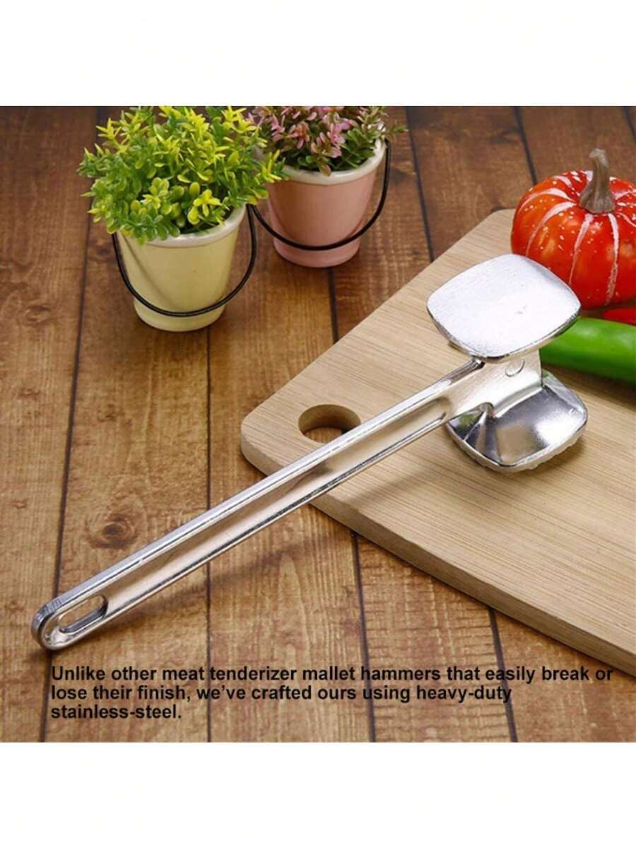 1pc Stainless Steel Meat Tenderizer - Heavy Duty Double-Sided Kitchen Tool With Diamond Pattern, Makes Perfect Juicy Steaks & Meats - Durable & Food- Design, Cooking Utensil | Stylish Kitchenware | Stainless Steel Construction