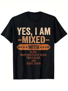 Yes I Am Mixed With Black History Month Cool   T-Shirt, Unisex Loose Fit Short Sleeve, Casual & Comfortable 100% Cotton, S-XXXL, Geometric Print, Machine Washable - 黑色 - 查看 2