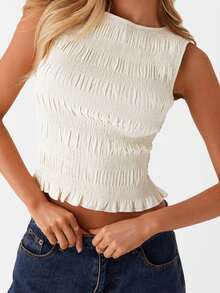 Womens Shirred Tank Tops Sleeveless Round Neck Solid Color Frill Smocked Tops Summer Shirts - White - View 1