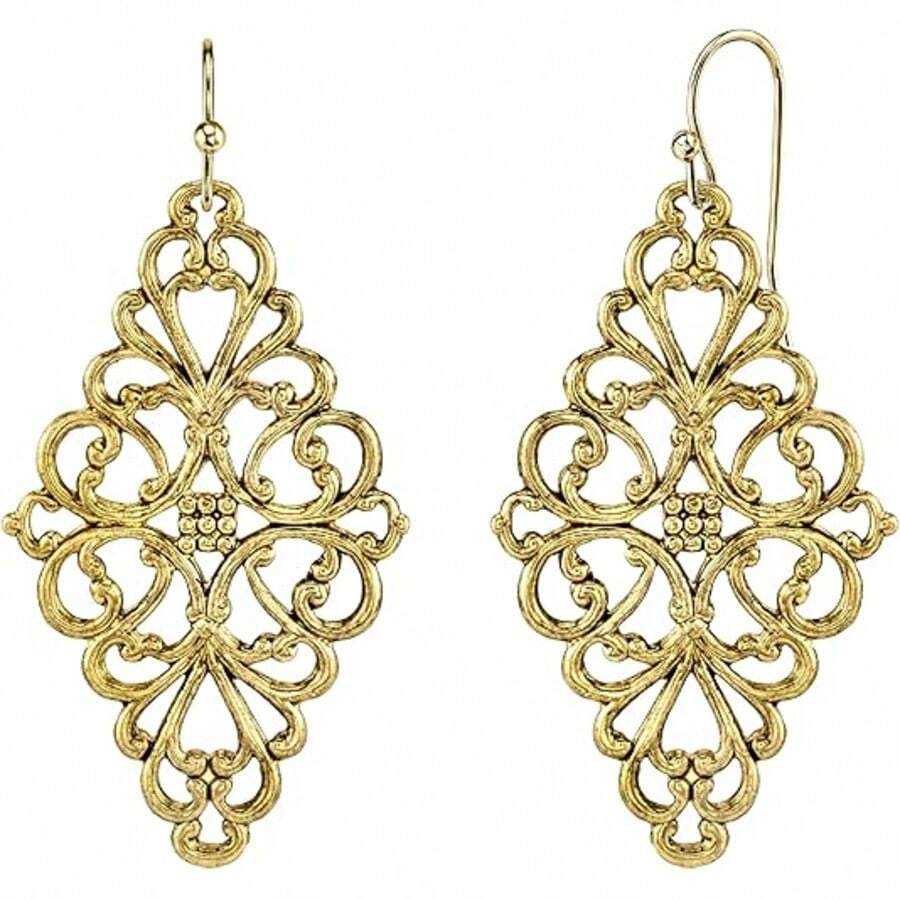 1 par de pendientes colgantes y con dije de la marca 1928 Jewelry - Pendientes colgantes de diamantes con filigrana en tono dorado de 1928 Jewelry - Ver 1