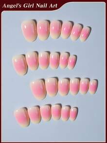 探索指甲魅力的魔力，24 件短椭圆形法式尖头按压指甲，渐变腮红设计，易于佩戴的丙烯酸假指甲套装，包含 1 件果冻胶和 1 件指甲锉，适合女性和女孩的日常生活和各种派对使用