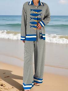 女士宽松时尚休闲格子撞色柠檬沙丁鱼印花长袖上衣和裤子两件套，适合海滩度假、秋冬季穿着。 - 藍黑色 - 查看 4
