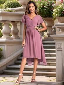 优雅秋季短袖V领荷叶边袖褶皱不对称下摆雪纺浅粉色伴娘礼服、婚礼宾客礼服 - 藕粉色 - 查看 7