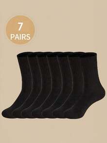 7 Pairs Ladies' Solid Color Comfortable Breathable Mid-Calf Socks, Versatile - White - View 3