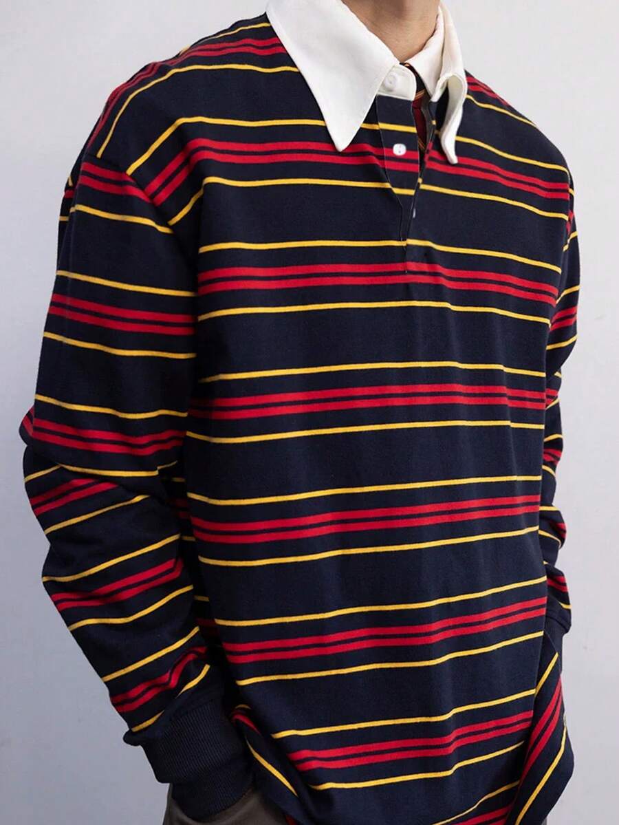 Men's Skin-Friendly Comfortable Contrast Striped Drop Shoulder Long Sleeve Casual Daily Commute Versatile Polo Shirt, Suitable For Autumn/Winter - Multicolor - View 1