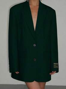 Olive Green Women's Spring/Autumn Slogan Lapel Collar Single-Breasted Loose Casual Blazer Jacket, Suitable For Weddings, Banquets, Gatherings, Performances, Parties, Dates, Christmas, Halloween, Etc.