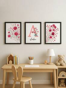 3 pezzi di arte murale personalizzata con nome senza cornice, cartellone su tela con fiori selvatici personalizzati, decorazione da parete rossa, decorazione per la camera dei bambini, decorazione da parete per la camera delle ragazze, cartellone per decorazione dell'asilo, senza cornice, regalo di compleanno perfetto, arte per la nursery, decorazione back to school