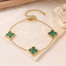 1件时尚不锈钢四叶草和仿珍珠母贝手链，高端花卉首饰，送给女朋友的礼物 - 金色 - 查看 6