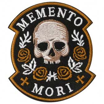 1 pieza Parche bordado Memento Mori - Diseño de calavera y rosas, aplicación térmica/para coser para manualidades de ropa y accesorios, colores variados, estilo gótico, perfecto para Halloween o moda diaria, decoración de Halloween