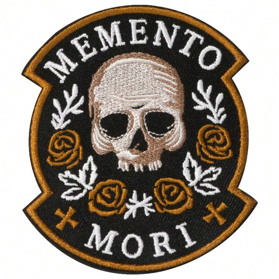 1pc Memento Mori Embroidered Patch - Skull & Roses Design, Iron-On/Sew-On Applique For DIY Clothing And Accessories, Mixed Colors, Gothic Style, Perfect For Halloween Or Everyday Fashion, Halloween Decoration