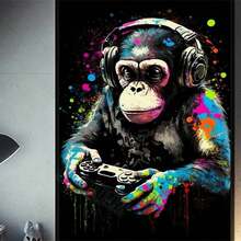 1pc /3pcsWall Arts Posters Optional Frame 80s Retro Funny Monkey Player Gamepad Picture For Gaming Room Living Canvas Painting Print Wall Art Home Decor Aesthetics Poster ,Wall Art With Frame
