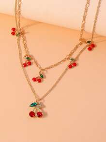 1 pezzo di collana ciondolo in metallo a più strati con design di ciliegie carino e dolce
