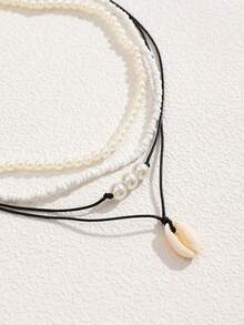 4pcs Bohemian Beach Shell Necklaces With Beaded Ropes & Faux Pearl Shell Pendants For Women - Multicolor - View 2