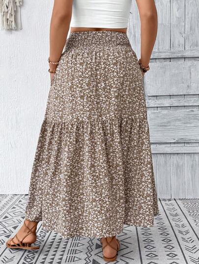 Plus Size Women Ditsy Floral Ruffle Hem Drawstring Waist Casual Midi Skirt, Suitable For Autumn Vacation Summer
