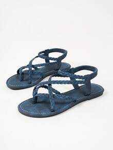 Giày sandal hở mũi bằng da PU dệt kim thoải mái màu xanh cỡ lớn cho nữ, thiết kế dệt bất đối xứng, phù hợp cho mùa hè - Màu xanh lam - Xem 6