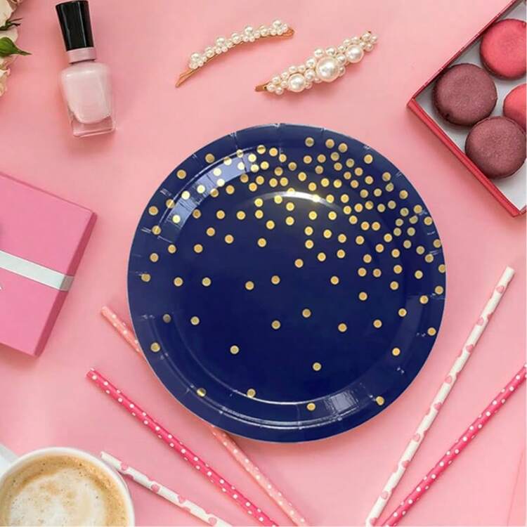 24pcs Navy Blue & Gold Polka Dot 7/9 Inch Paper Plates, Navy Blue & Gold Party Supplies, Disposable Tableware Set Including Plates, Suitable For Weddings, Bridal Showers, Engagements, Birthday Parties Decorations - Multicolor - View 2