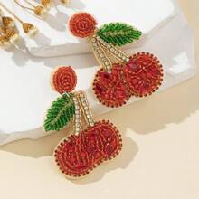 1 Pair Handmade Beaded Cherry With Rhinestones Earrings, Sweet And Fashionable For Women