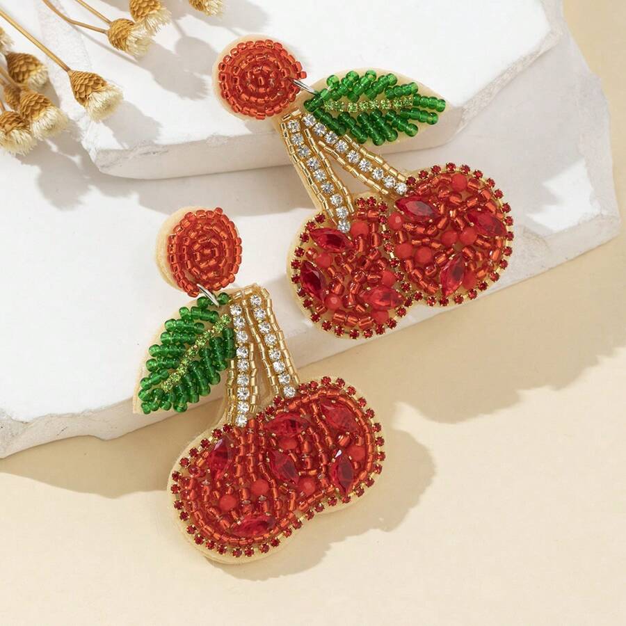 1 Pair Handmade Beaded Cherry With Rhinestones Earrings, Sweet And Fashionable For Women