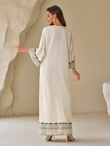 1 Stück Damen V-Ausschnitt Fledermausärmel-Kleid im arabischen Stil, zufälliges Blumenmuster, modisch - Aprikosenfarben - Übersicht 3