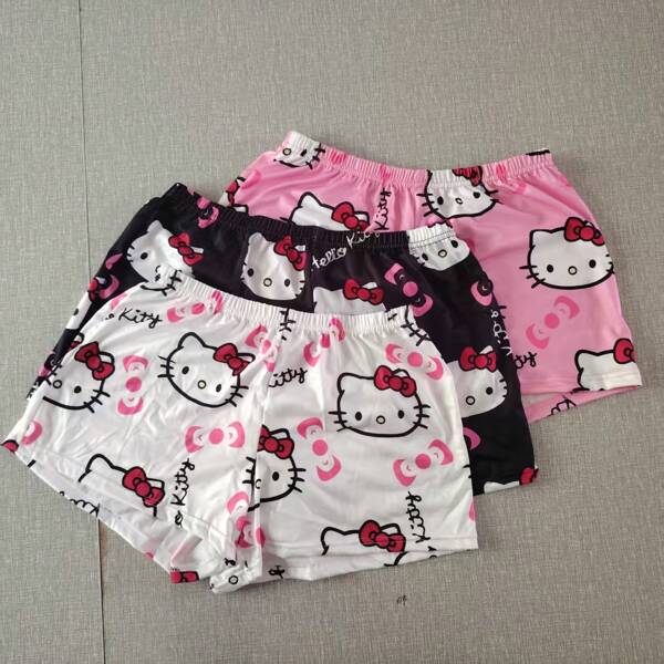 bandai 1 Stück Hello Kitty süßes Cartoon Muster Sommer Schlafanzughose, elastische weite Damen Shorts, einfach und modisch kombinierbar, bequem und atmungsaktiv zu tragen, perfektes Geschenk für beste Freunde/Familie