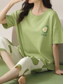 AICJ 2pcs Women & Teenage Girls Casual Cute Cartoon Cat Letter Print Pink Top, 3/4 Shorts Pants, Sleep Pants, Spring/Summer Homewear Pajama Set Suit, Party & Holiday Loungewear