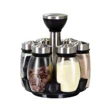 7pcs/Set Spice Jar Set Rack Glass Organizer Rotating Glass Seasoning Sugar Pepper Bottles Salt Shakers Holder Kitchen Storage Rack
