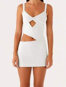 Women Cut Out Cami Dress Slim Solid Color V Neck Sleeveless Open Back Mini Bodycon Dress - trắng - Xem 2