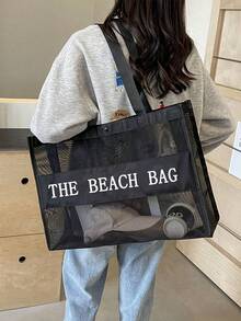 标语图案沙滩包 大容量网眼手提包