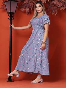 WOMEN'S LONG MIDI DRESS WITH PUFFED SLEEVES, RUFFLED, OFF-THE-SHOULDER, TRES MARIAS FLORAL - Gris Claro - Ver 2