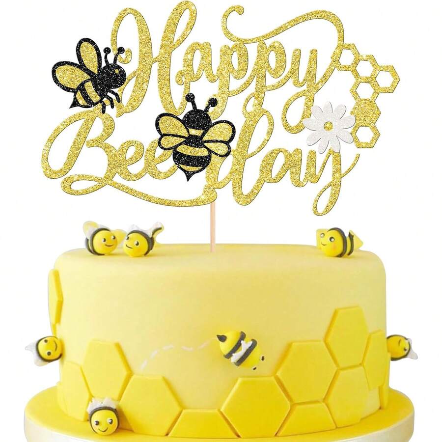 1PC Happy 1st Bee Day Cake Topper Glitter Honeycomb Flower Bumble Bee Theme Cake Pick Babyshower Bee Cake Decoration For Gender Reveal Babyshower Birthday Party Supplies Gold - Gold - View 1