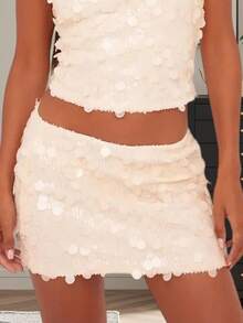Mini Sequin Skirt For Women Sexy Stretchy Pencil Bodycon Night Out Party Club Sparkly Skirts - 米色 - 查看 1