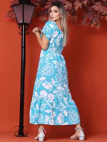 WOMEN'S LONG MIDI DRESS WITH PUFFED SLEEVES, RUFFLED, OFF-THE-SHOULDER, TRES MARIAS FLORAL - Celeste - Ver 3