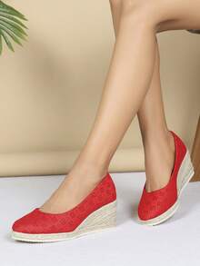Zapatos de cuña de moda 2025, versátiles de punta redonda, estilo europeo y americano, zapatos de lino de tacón alto para mujer, cómodos y casuales para vacaciones, adecuados para todas las estaciones - Rouge Casaque - Ver 5