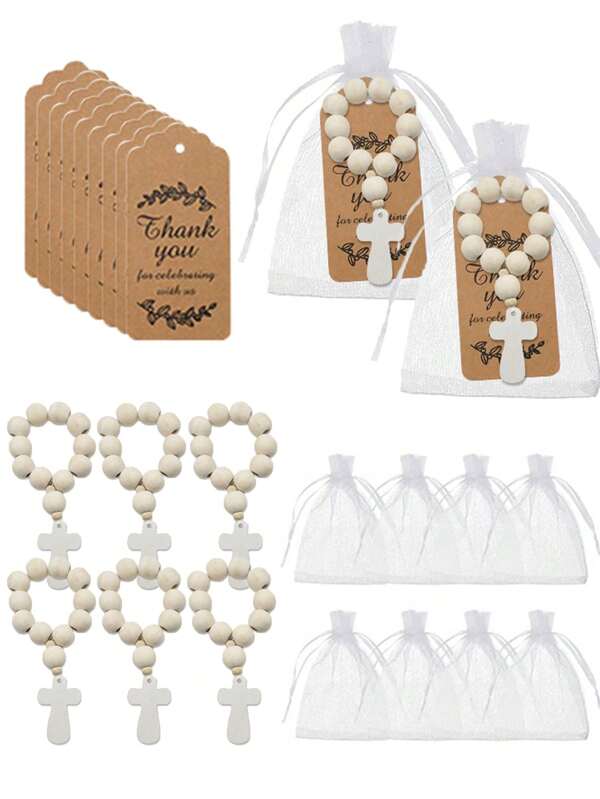 30pcs/Pack 10 Sets Communion Cross Beaded Necklace Set, Including Beaded Cross, Thank You Card And Gift Bag, Baptism/First Communion Party Favors For Men, Women, Bridal Shower, Thanksgiving Celebration, Party Supplies (3pcs/15pcs/30pcs)