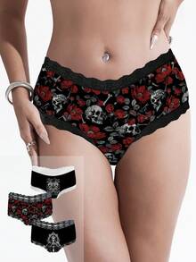 ROMWE 3pcs/Set Gothic Skull & Rose Lace Trim Women's Briefs Set - Multicolor - View 3