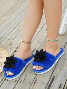 四季毛绒拖鞋，室内家居保暖蓬松拖鞋，带蝴蝶结装饰，适合春、夏、秋、冬的保暖拖鞋 - 黑色 - 查看 7