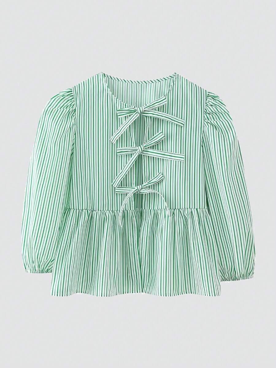 Women's Fashion Casual Mix Solid Coloured Round Neck Bowknot Ruffled Hem Puff Sleeve Shirt - Mint Green - View 1