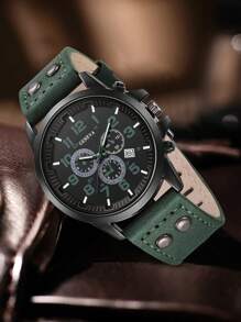 4PCS Green Men's Watch Set Fashion Business Versatile Classic Quartz Watch Bracelet Set With Calendar Suitable For Daily Clothing Matching Or Holiday Gifts
