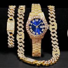 Set de joyería de 3 piezas estilo europeo y americano hip-hop con diamantes completos, reloj, collar y pulsera con rhinestones, correa de metal y calendario, regalo para estudiantes hombres y mujeres