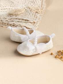 1 đôi giày công chúa đế bằng chống trượt, trang trí ren và ngọc trai cho bé gái, thích hợp cho mùa xuân và mùa thu. - trắng - Xem 6