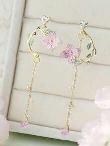 2 件时尚不对称多色花卉流苏耳环，优雅吊坠耳环，适合女士，春夏 - 彩色 - 查看 3