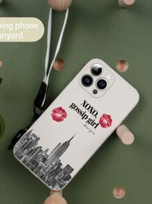 1pc White TPU Lip Print New York Pattern Shockproof Phone Case And 1pc White Lanyard Wrist Strap Compatible With IPhone/Android Phones, Including IPhone 16 Pro Max, A14, A54, A52, A31 4G, A23, Redmi Note 8 Pro, Redmi Note 11 Pro 4G, Redmi Note 12 4G, OPPO A54