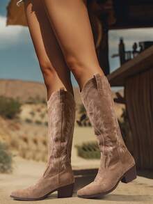 New Autumn/Winter Chunky Heel Anti-Slip Retro Embroidery Boots Women Mid-Calf Comfy Riding Boots Versatile Short Booties Western Boots,Cowboy Boots - Light Brown - View 3