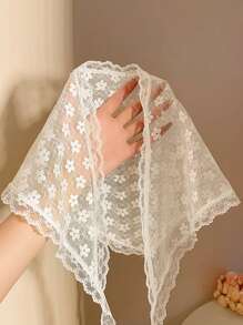 1pc Fashionable French Lace Bandana - Vintage Floral White Head Scarf, Sweet Country Style Accessory For Women. Vintage Farmhouse Aesthetic Headwrap Suitable For Summer Photo Shoot