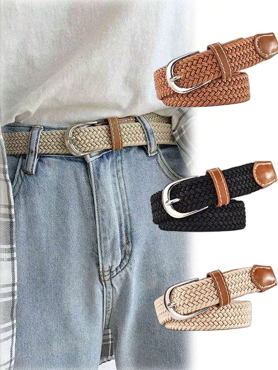 1 件青少年多色编织弹力腰带弹力帆布编织腰带适用于牛仔裤