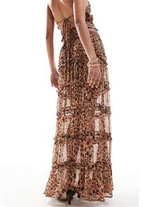 Women's Summer Leopard Outfits Halter Neck Ruffled Tank Tops + Long Skirt Set Party Clothes - Multicolor - View 6